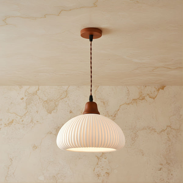 Zaevia Ribbed Ceramic Pendant Light Oak Accent Nordic Minimalist Hardwired Ceiling Light - pendant light | Zaevia