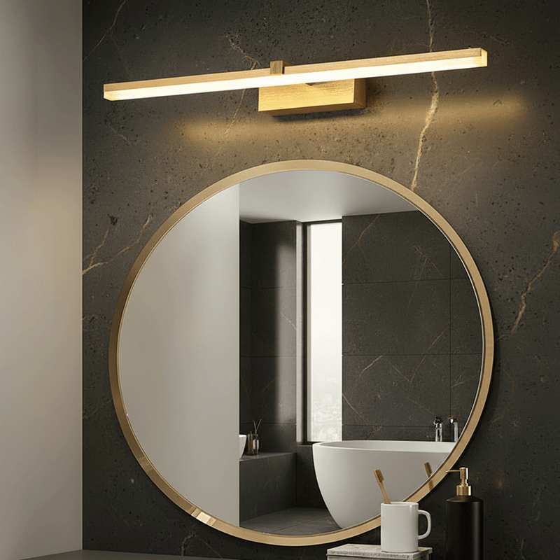 Zaevia Aari Linear Vanity Light: Japandi Solid Wood & Gold LED Bar - Wall Light | Zaevia
