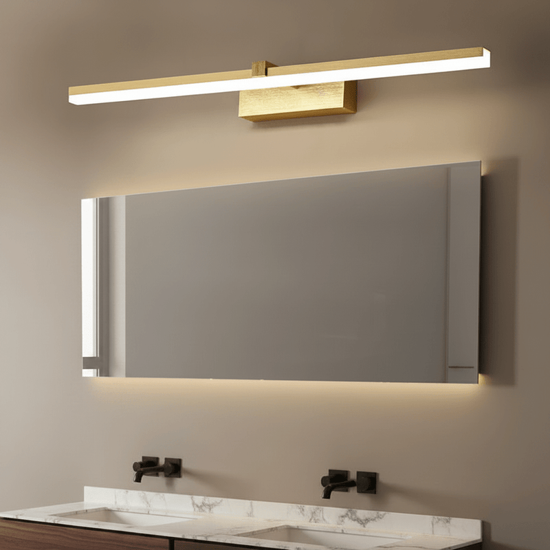Zaevia Aari Linear Vanity Light: Japandi Solid Wood & Gold LED Bar - Wall Light | Zaevia
