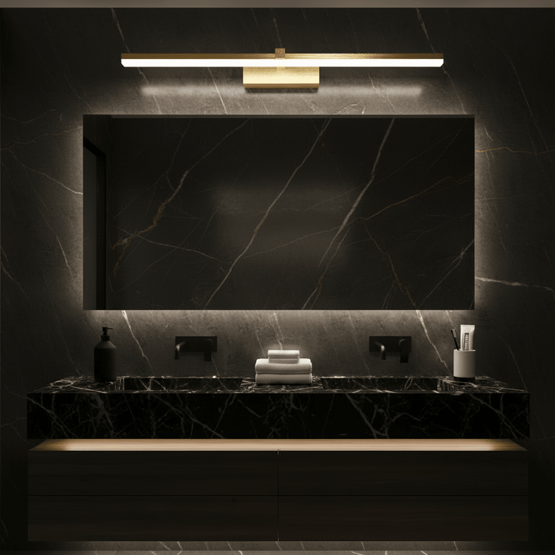 Zaevia Aari Linear Vanity Light: Japandi Solid Wood & Gold LED Bar - Wall Light | Zaevia