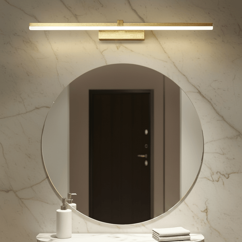 Zaevia Aari Linear Vanity Light: Japandi Solid Wood & Gold LED Bar - Wall Light | Zaevia