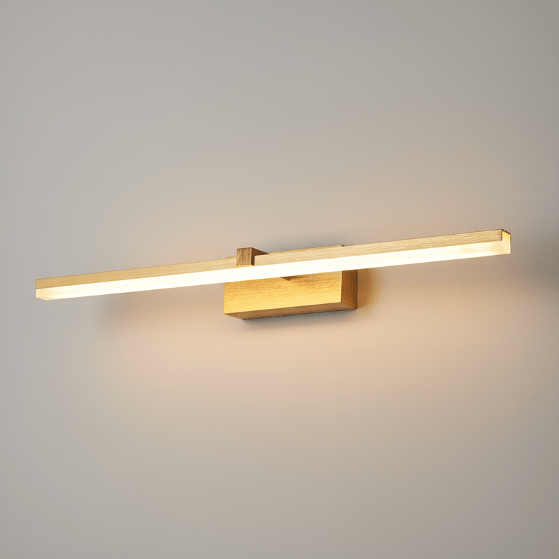 Zaevia Aari Linear Vanity Light: Japandi Solid Wood & Gold LED Bar - Wall Light | Zaevia