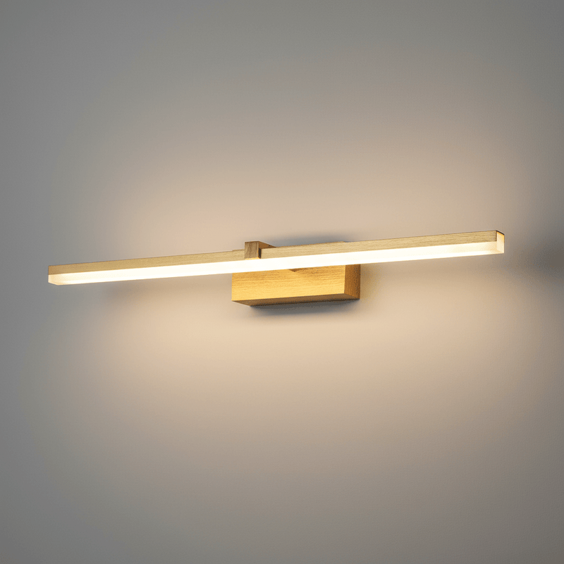 Zaevia Aari Linear Vanity Light: Japandi Solid Wood & Gold LED Bar - Wall Light | Zaevia