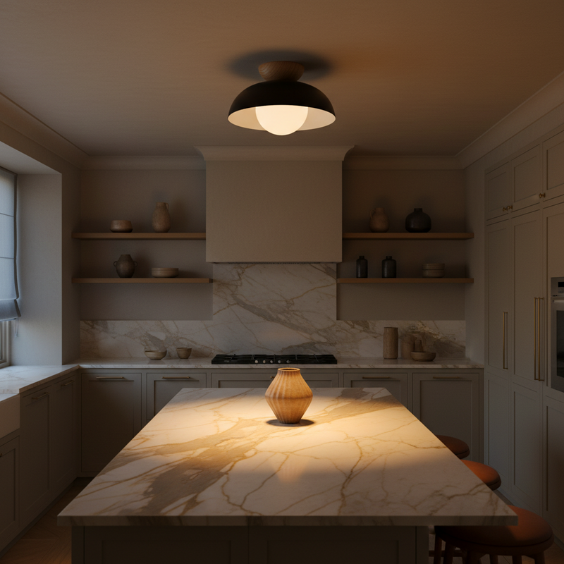 Asari Nordic Wood Base Glass Dome Ceiling Light