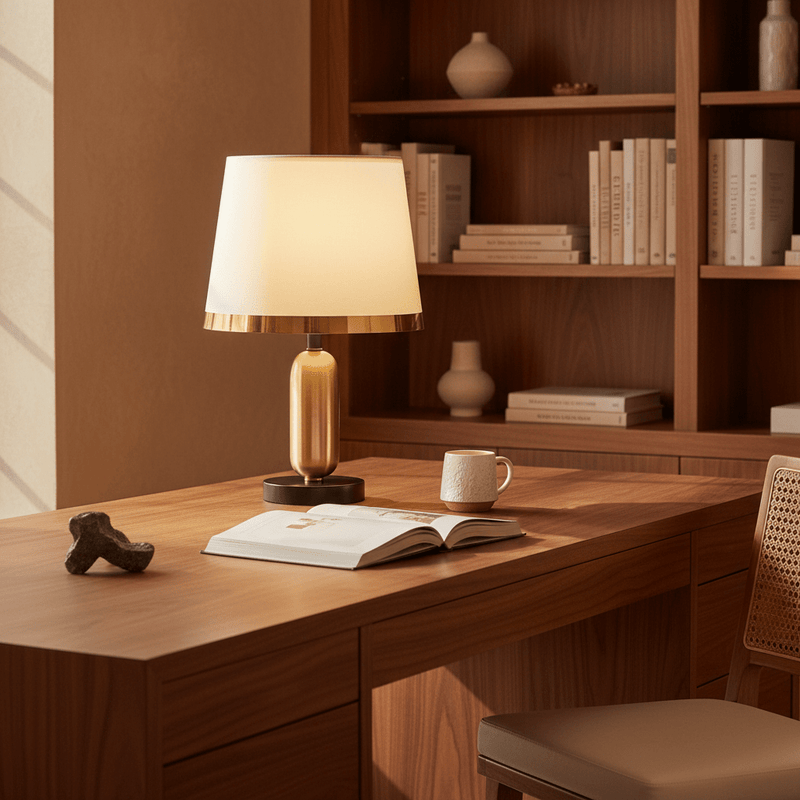 Zaevia Aurelia Fabric Shade Desk Lamp – Minimalist Mid Century Modern Bedside Light - Lighting > Table & Floor Lamps > Table Lamps > Designer Table Lamps | Zaevia