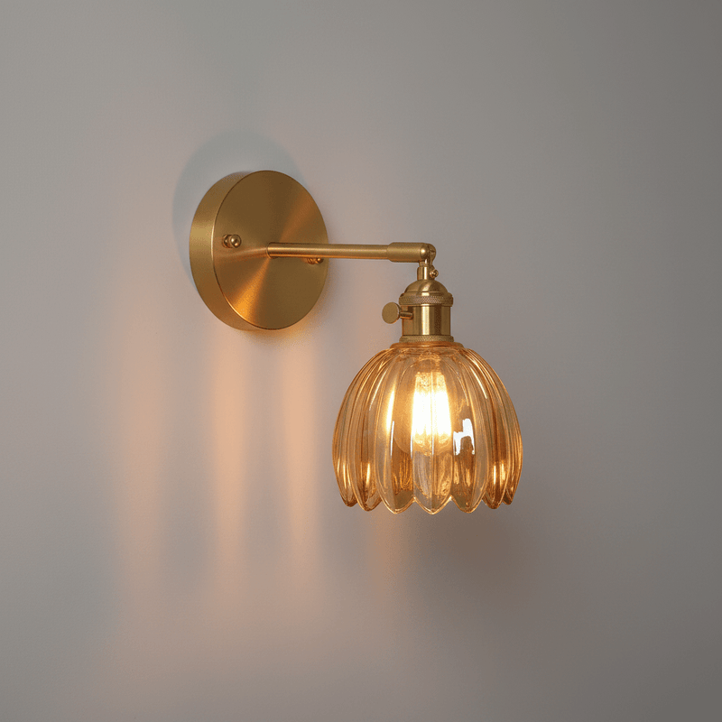 Zaevia Loras Ribbed Glass Flower Sconce: Brass Tulip Wall Lamp - Wall Light | Zaevia