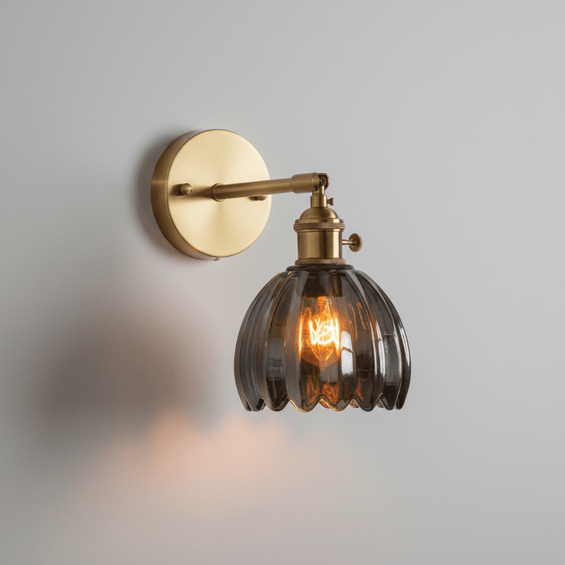 Zaevia Loras Ribbed Glass Flower Sconce: Brass Tulip Wall Lamp - Wall Light | Zaevia