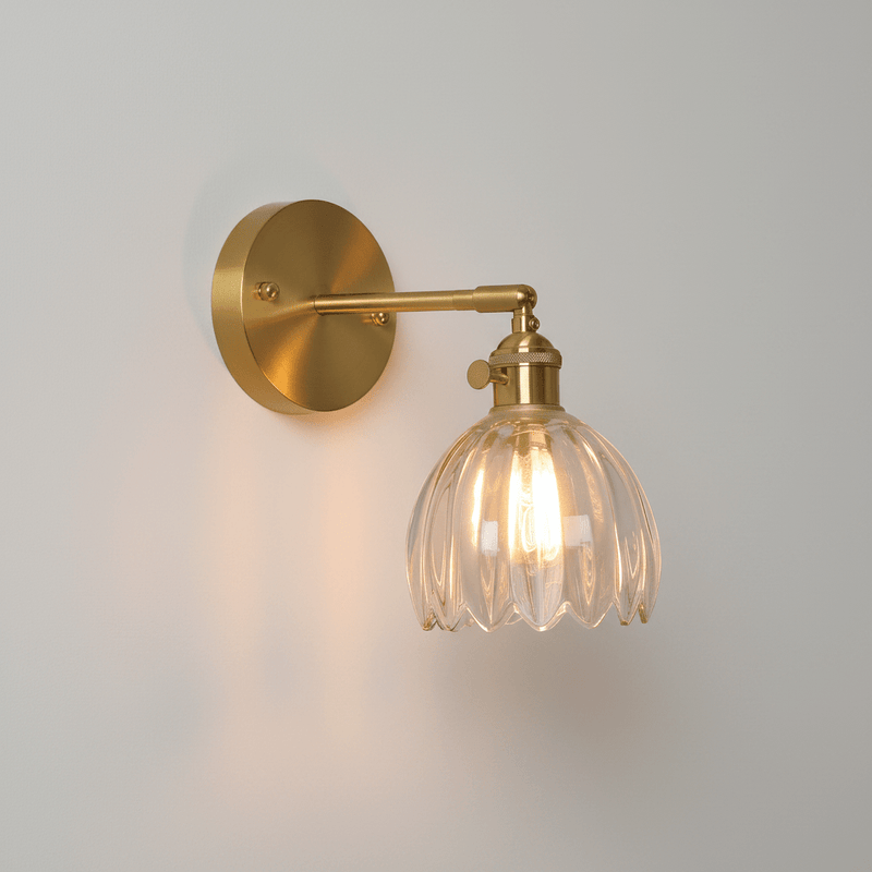 Zaevia Loras Ribbed Glass Flower Sconce: Brass Tulip Wall Lamp - Wall Light | Zaevia
