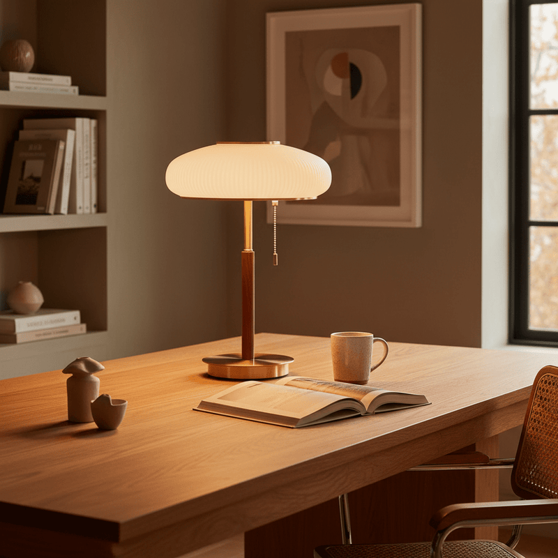 Zaevia Olivane Fluted Glass Lamp: Brass & Walnut Architectural Accent - Table Lamp | Zaevia