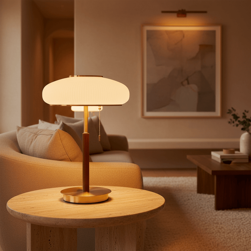 Zaevia Olivane Fluted Glass Lamp: Brass & Walnut Architectural Accent - Table Lamp | Zaevia