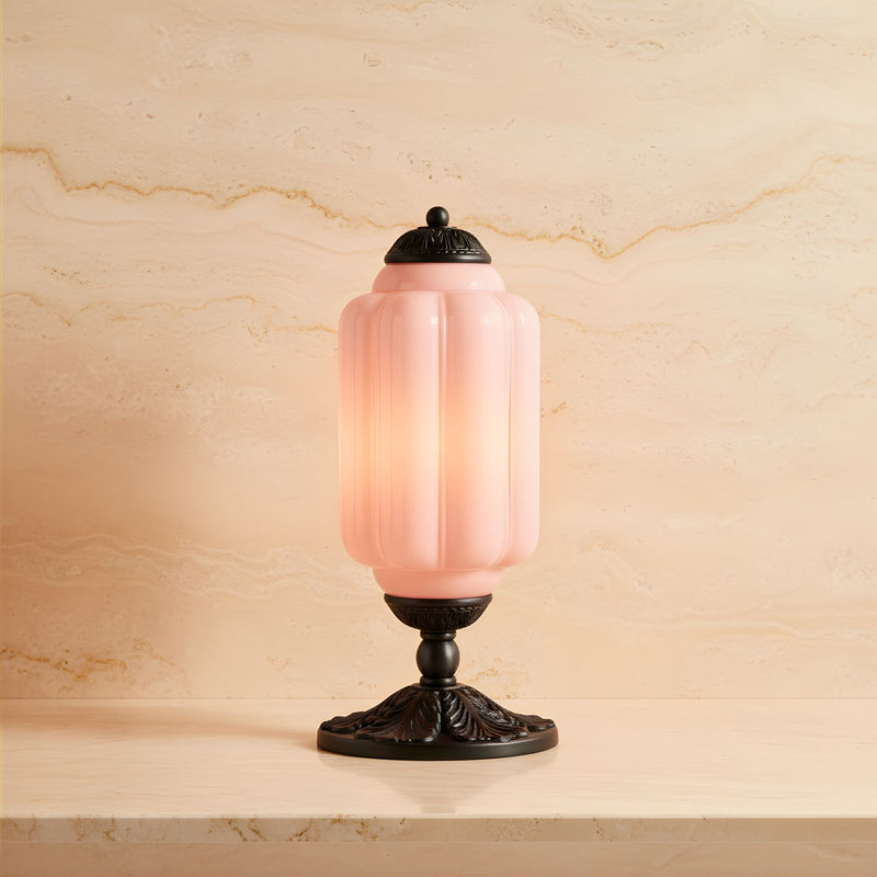 Zaevia Ribbed Glass Lantern Table Lamp Ornate Pedestal Base Art Deco Accent Light - Table lamp | Zaevia