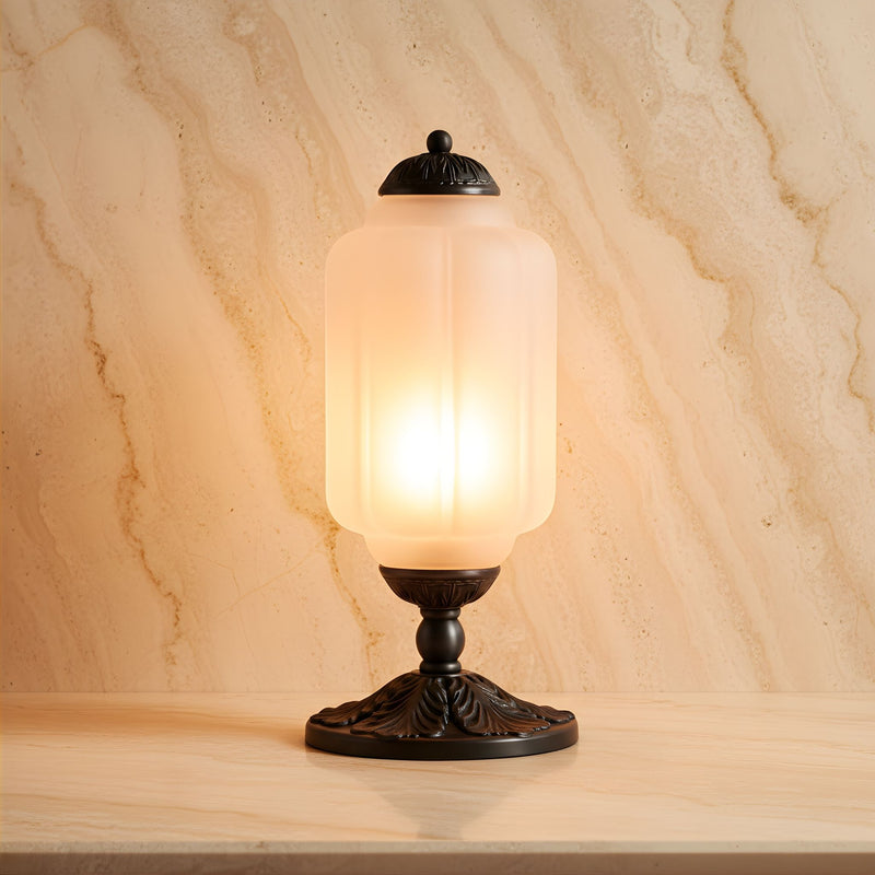 Zaevia Ribbed Glass Lantern Table Lamp Ornate Pedestal Base Art Deco Accent Light - Table lamp | Zaevia