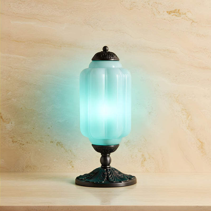 Zaevia Ribbed Glass Lantern Table Lamp Ornate Pedestal Base Art Deco Accent Light - Table lamp | Zaevia