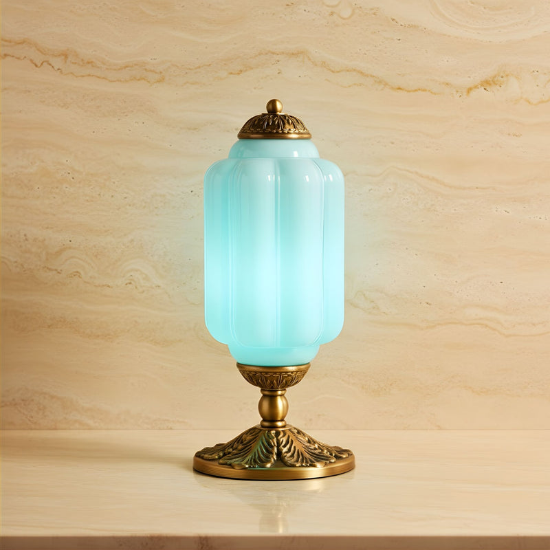 Zaevia Ribbed Glass Lantern Table Lamp Ornate Pedestal Base Art Deco Accent Light - Table lamp | Zaevia
