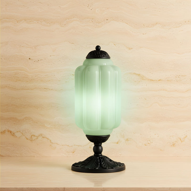 Zaevia Ribbed Glass Lantern Table Lamp Ornate Pedestal Base Art Deco Accent Light - Table lamp | Zaevia