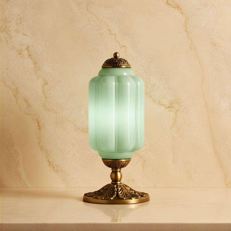 Zaevia Ribbed Glass Lantern Table Lamp Ornate Pedestal Base Art Deco Accent Light - Table lamp | Zaevia