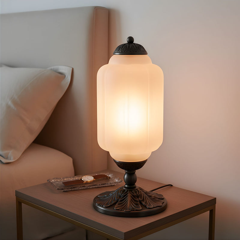 Zaevia Ribbed Glass Lantern Table Lamp Ornate Pedestal Base Art Deco Accent Light - Table lamp | Zaevia