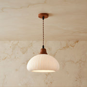 Zaevia Ribbed Ceramic Pendant Light Oak Accent Nordic Minimalist Hardwired Ceiling Light - pendant light | Zaevia
