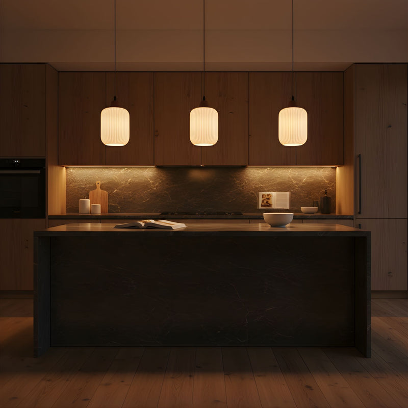 Zaevia Ribbed Ceramic Pendant Light Oak Accent Nordic Minimalist Hardwired Ceiling Light - pendant light | Zaevia