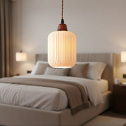 Zaevia Ribbed Ceramic Pendant Light Oak Accent Nordic Minimalist Hardwired Ceiling Light - pendant light | Zaevia