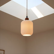 Zaevia Ribbed Ceramic Pendant Light Oak Accent Nordic Minimalist Hardwired Ceiling Light - pendant light | Zaevia