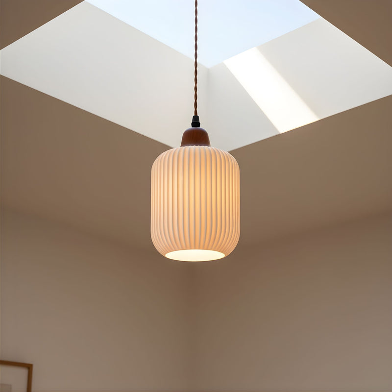 Zaevia Ribbed Ceramic Pendant Light Oak Accent Nordic Minimalist Hardwired Ceiling Light - pendant light | Zaevia