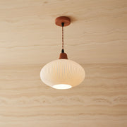 Zaevia Ribbed Ceramic Pendant Light Oak Accent Nordic Minimalist Hardwired Ceiling Light - pendant light | Zaevia