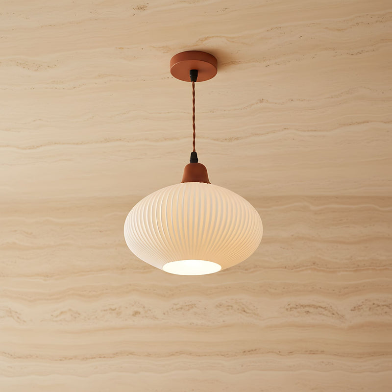 Zaevia Ribbed Ceramic Pendant Light Oak Accent Nordic Minimalist Hardwired Ceiling Light - pendant light | Zaevia