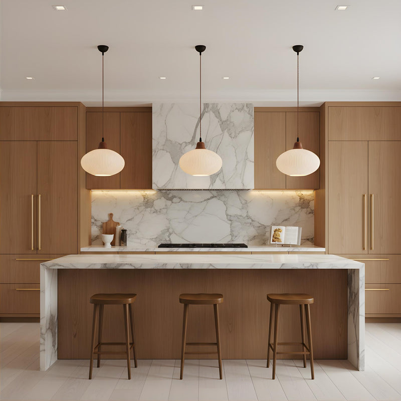 Zaevia Ribbed Ceramic Pendant Light Oak Accent Nordic Minimalist Hardwired Ceiling Light - pendant light | Zaevia