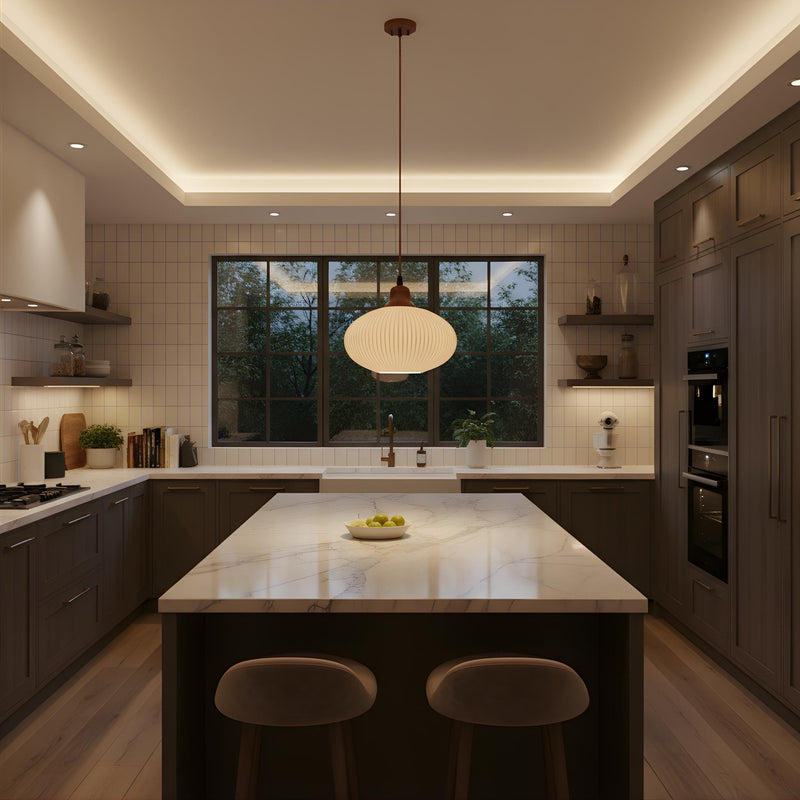 Zaevia Ribbed Ceramic Pendant Light Oak Accent Nordic Minimalist Hardwired Ceiling Light - pendant light | Zaevia