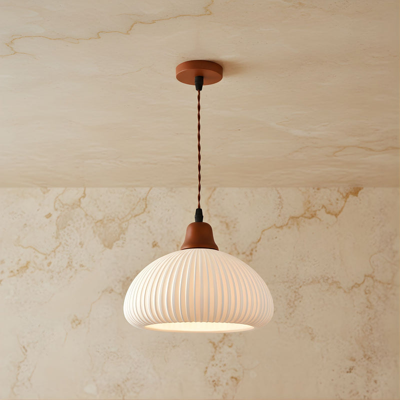 Zaevia Ribbed Ceramic Pendant Light Oak Accent Nordic Minimalist Hardwired Ceiling Light - pendant light | Zaevia