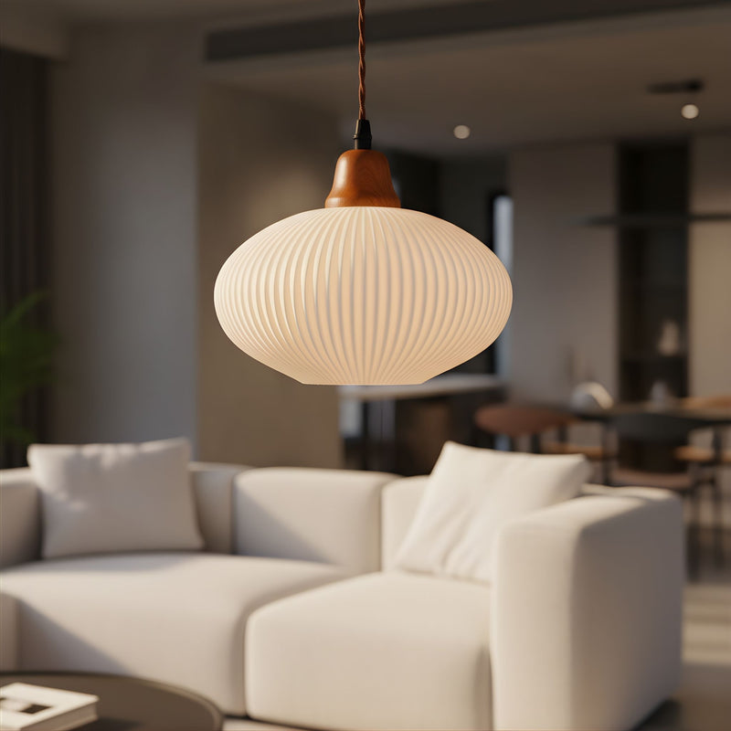 Zaevia Ribbed Ceramic Pendant Light Oak Accent Nordic Minimalist Hardwired Ceiling Light - pendant light | Zaevia