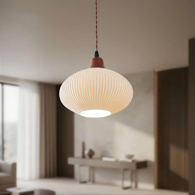 Zaevia Ribbed Ceramic Pendant Light Oak Accent Nordic Minimalist Hardwired Ceiling Light - pendant light | Zaevia