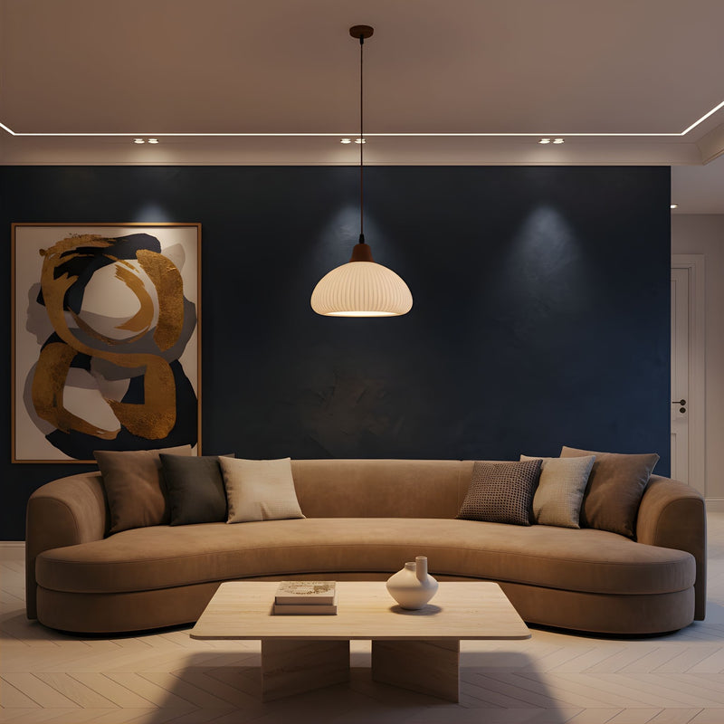 Zaevia Ribbed Ceramic Pendant Light Oak Accent Nordic Minimalist Hardwired Ceiling Light - pendant light | Zaevia