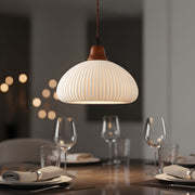 Zaevia Ribbed Ceramic Pendant Light Oak Accent Nordic Minimalist Hardwired Ceiling Light - pendant light | Zaevia