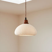 Zaevia Ribbed Ceramic Pendant Light Oak Accent Nordic Minimalist Hardwired Ceiling Light - pendant light | Zaevia