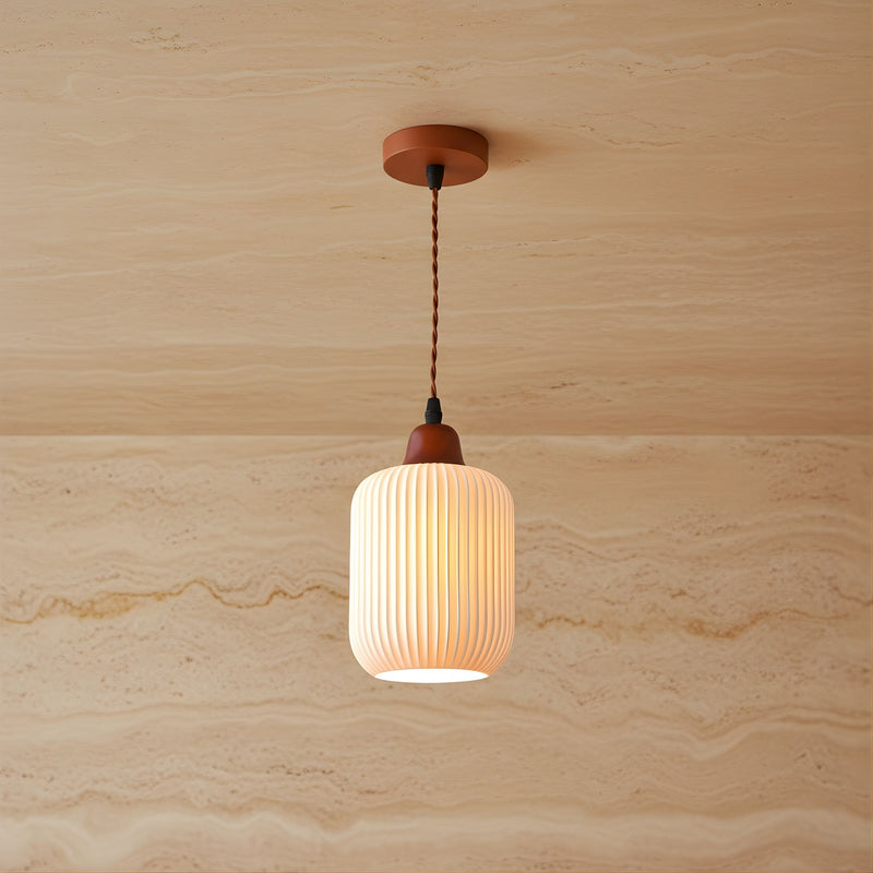 Zaevia Ribbed Ceramic Pendant Light Oak Accent Nordic Minimalist Hardwired Ceiling Light - pendant light | Zaevia