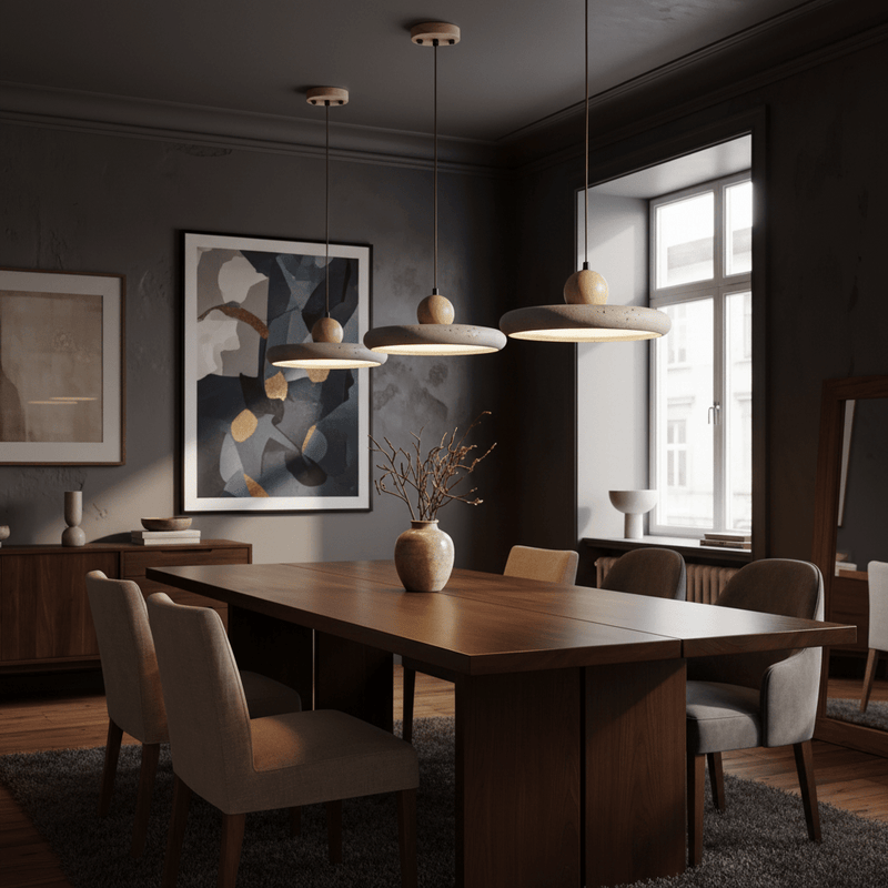 Soleil Travertine Disc & Wood Sphere Pendant Light - Pendant Light | Zaevia