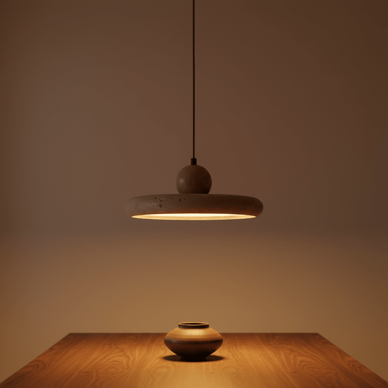 Soleil Travertine Disc & Wood Sphere Pendant Light - Pendant Light | Zaevia
