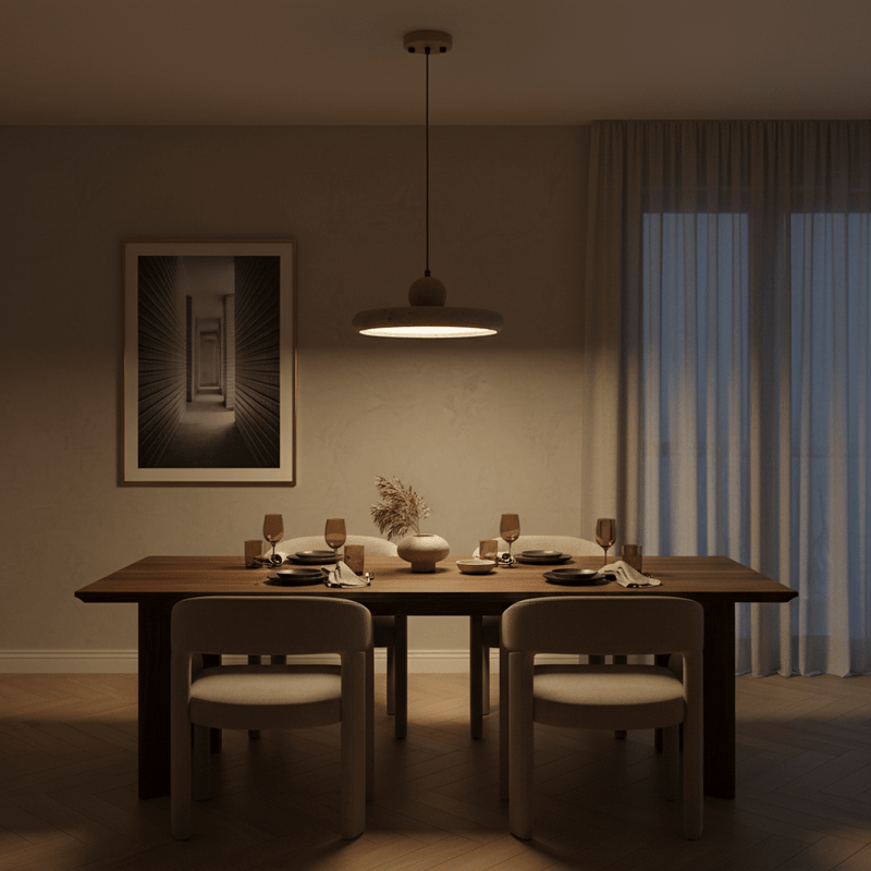 Soleil Travertine Disc & Wood Sphere Pendant Light - Pendant Light | Zaevia