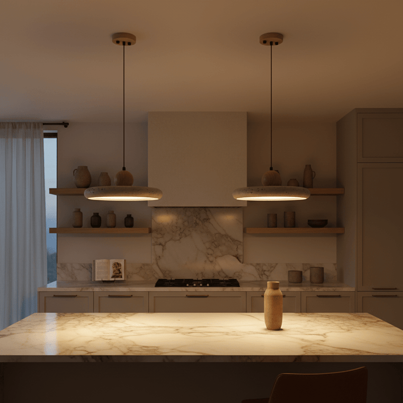 Soleil Travertine Disc & Wood Sphere Pendant Light - Pendant Light | Zaevia