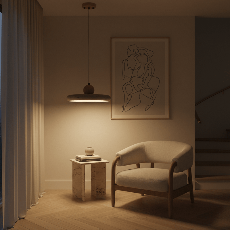 Soleil Travertine Disc & Wood Sphere Pendant Light - Pendant Light | Zaevia