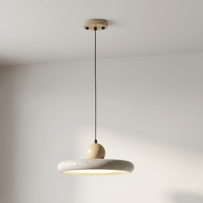 Soleil Travertine Disc & Wood Sphere Pendant Light - Pendant Light | Zaevia