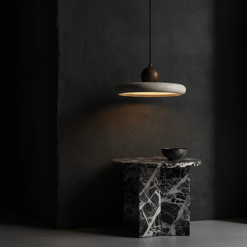 Soleil Travertine Disc & Wood Sphere Pendant Light - Pendant Light | Zaevia