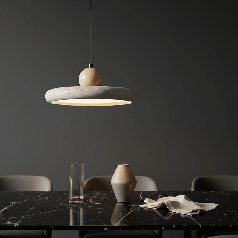 Soleil Travertine Disc & Wood Sphere Pendant Light - Pendant Light | Zaevia