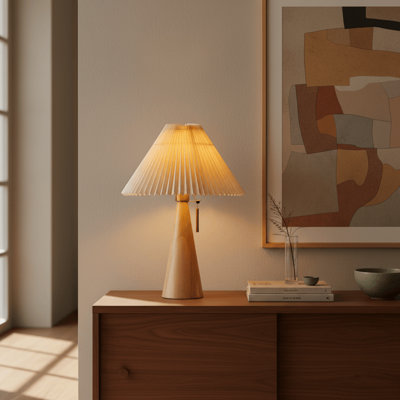 Zaevia Sone Pleated Shade Table Lamp: Scandi Solid Wood Bedside Light - Table Lamp | Zaevia