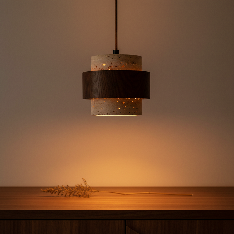 Travertine Stone & Wood Cylindrical Pendant Light