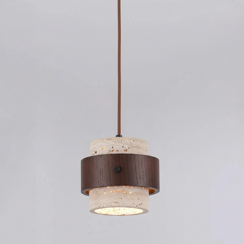 Travertine Stone & Wood Cylindrical Pendant Light