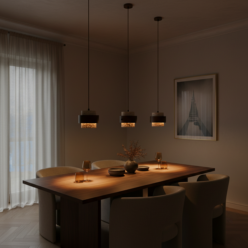Travertine Stone & Wood Cylindrical Pendant Light