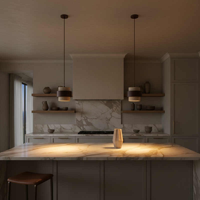 Travertine Stone & Wood Cylindrical Pendant Light